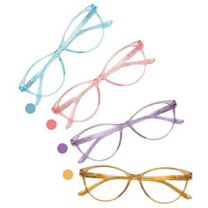 PRZENE Glittery Colored Blu Blocker Readers Magnifies 4X in Blue, Gold or Purple